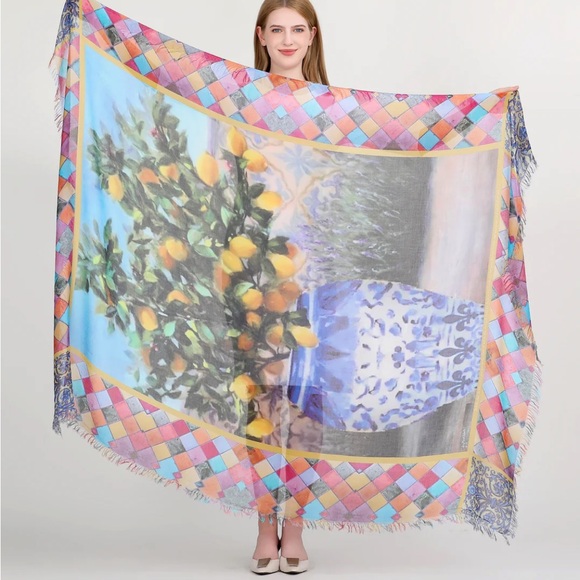 Love’s Pure Light Accessories - Colorful Lemon Print Scarf Mammoth Silk Modal Blend Wrap 140x180 cm